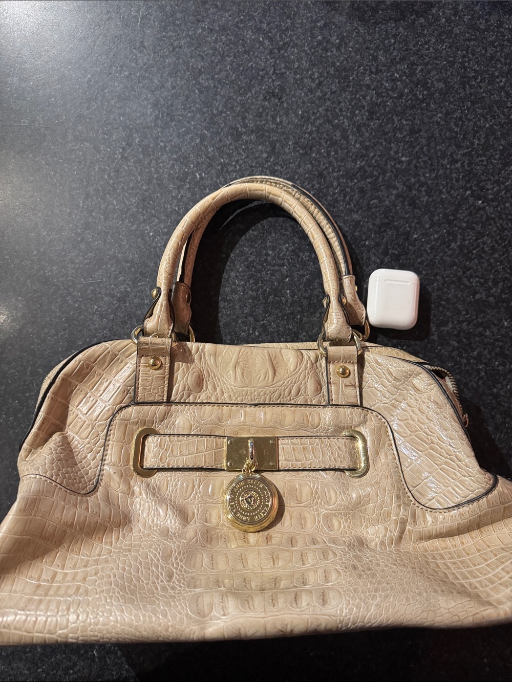 Anne Klein Beige Croc-Embossed Satchel with Gold Medallion